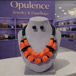 Bold Orange and Black Beaded Necklace Set